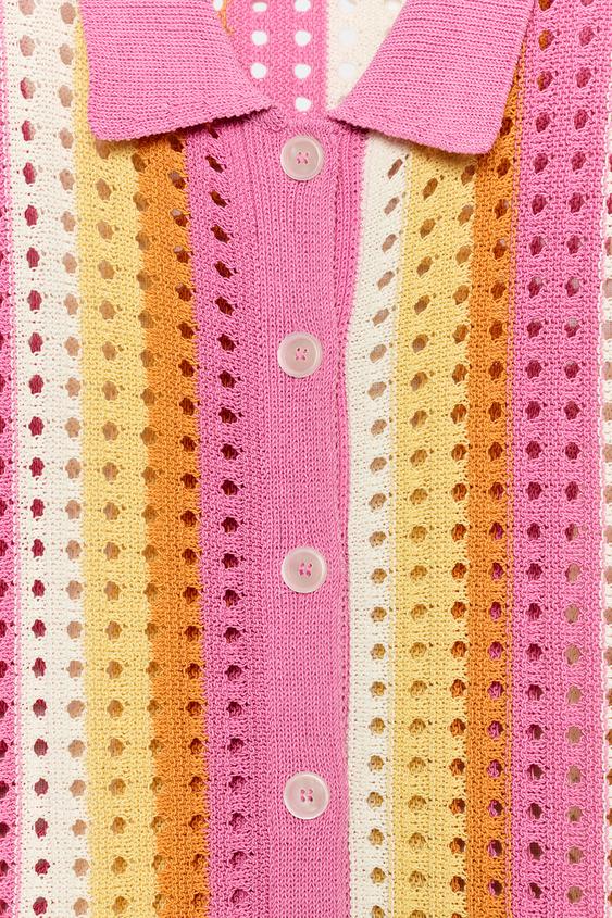 Veste polo en maille ajourée à rayures