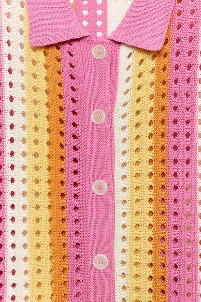 Veste polo en maille ajourée à rayures