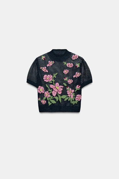 Top en maille à fleurs brodées