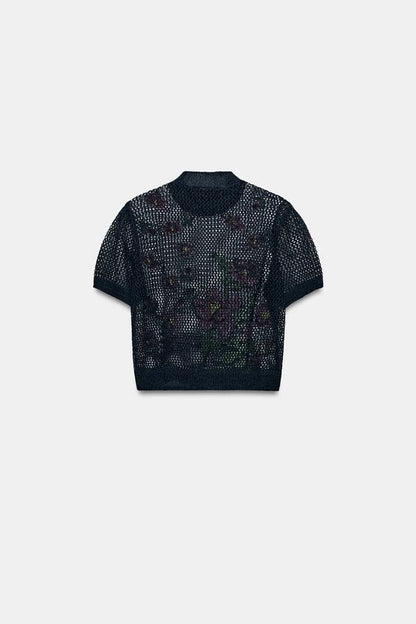 Top en maille à fleurs brodées