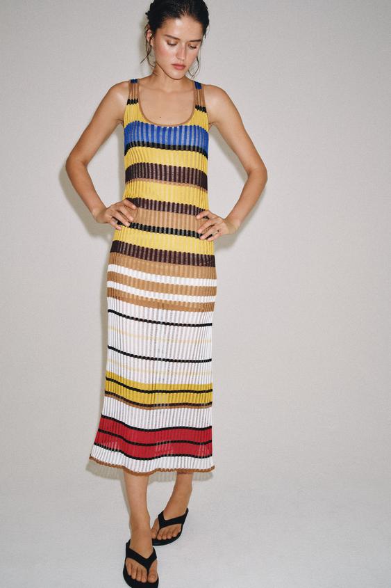 Robe longue en maille rayée