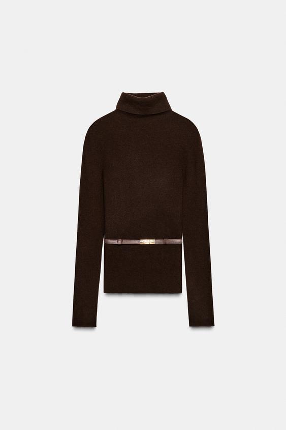 Pull 100 % laine à col montant avec ceinture