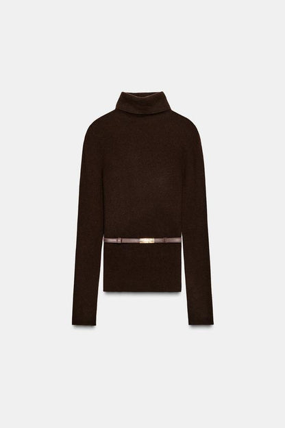 Pull 100 % laine à col montant avec ceinture