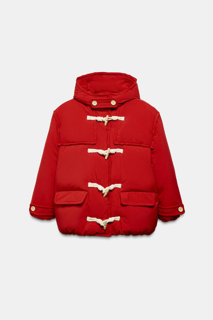 Anorak à capuche 60 % duvet, 40 % plumes et brandebourgs