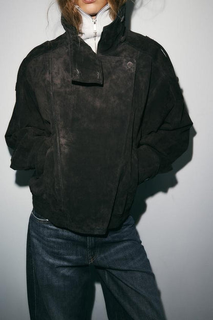 Blouson biker 100 % cuir suédé à boutons recouverts