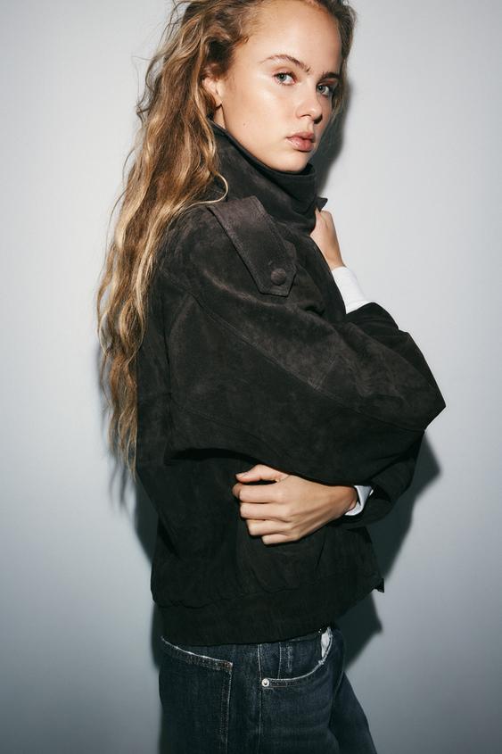 Blouson biker 100 % cuir suédé à boutons recouverts