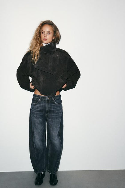 Blouson biker 100 % cuir suédé à boutons recouverts