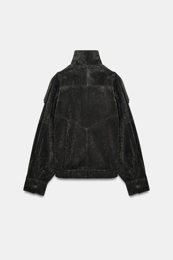 Blouson biker 100 % cuir suédé à boutons recouverts