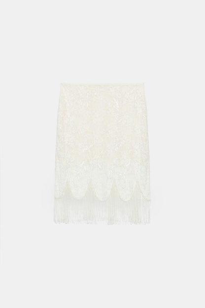 Jupe en dentelle à perles à franges