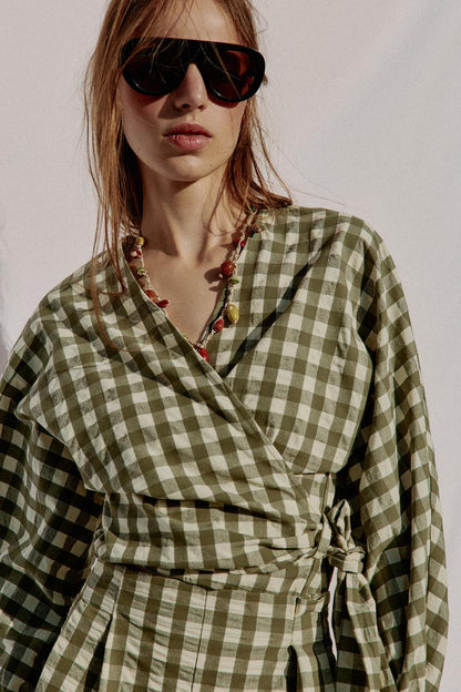 Veste à lien noué et carreaux vichy