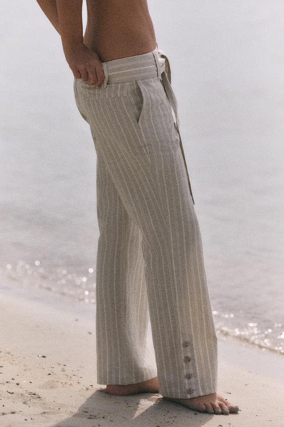 Pantalon en lin à rayures avec ceinture