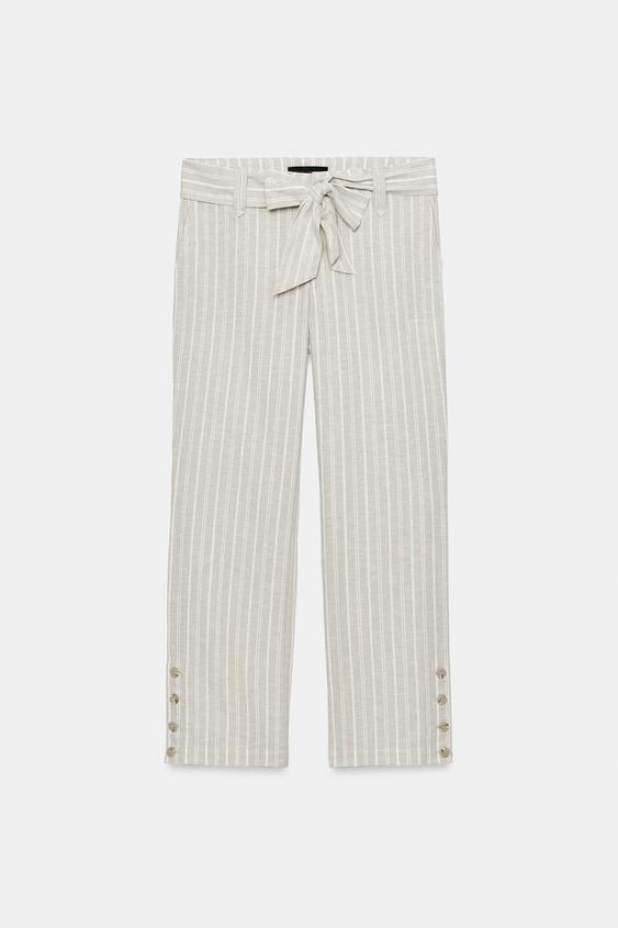 Pantalon en lin à rayures avec ceinture