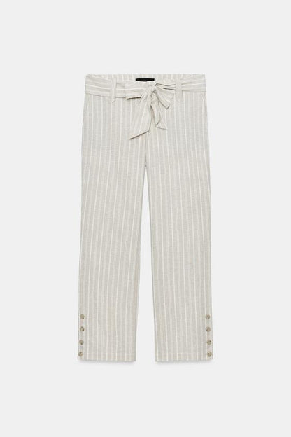 Pantalon en lin à rayures avec ceinture