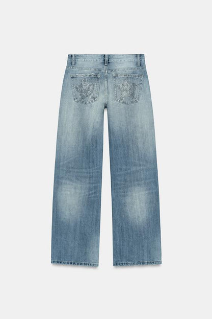 Jean TRF à jambe large strass taille basse