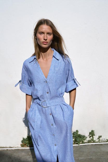 Robe midi en lin avec ceinture