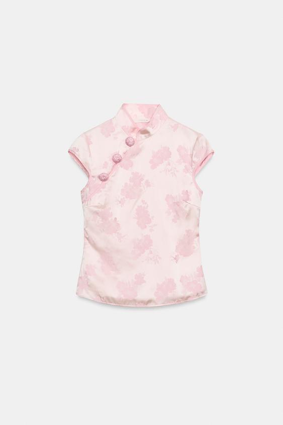 Top satiné en jacquard à boutons
