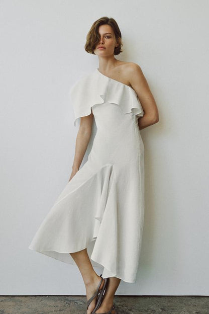Robe asymétrique à volants en mélange de lin ZW Collection