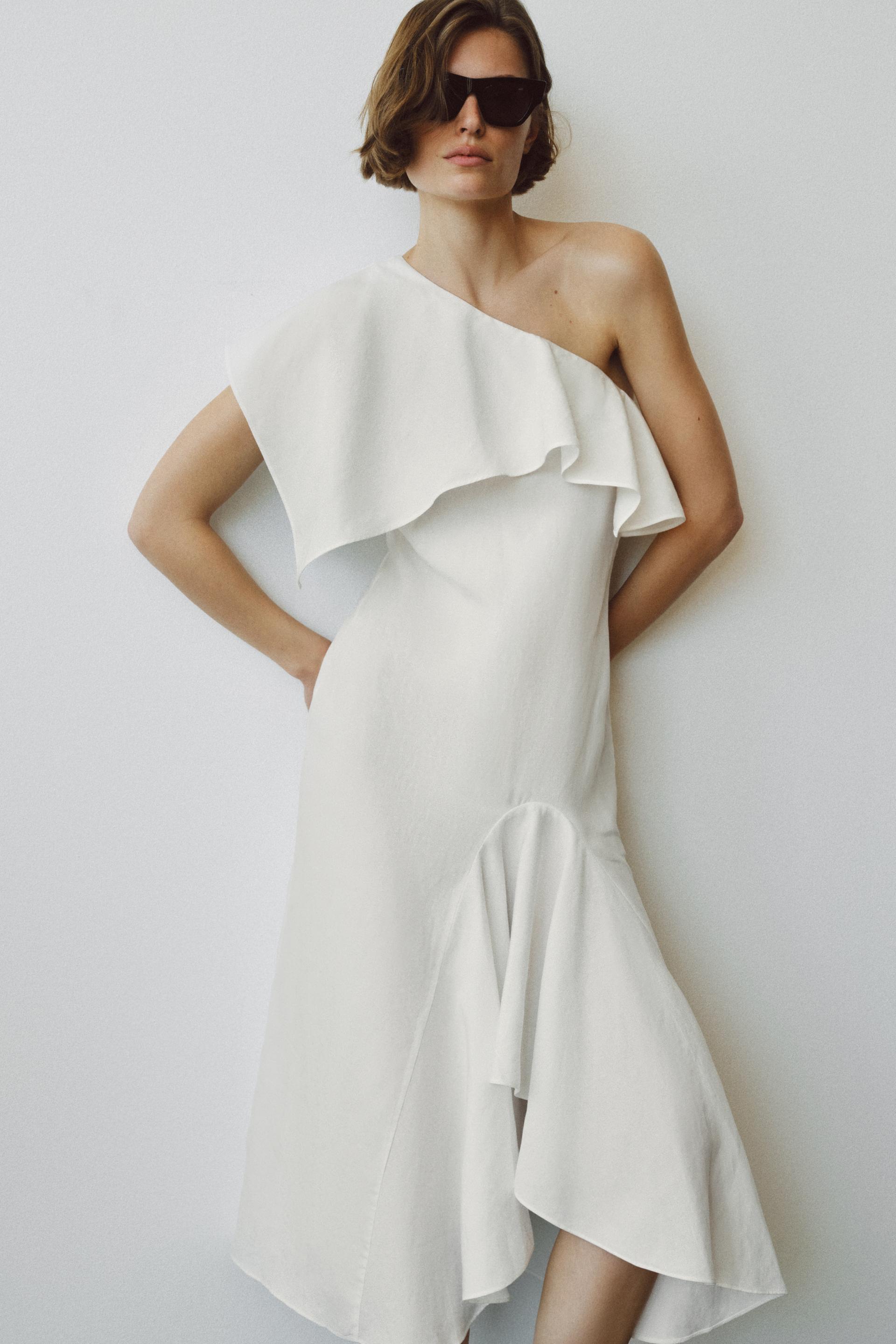 Robe asymétrique à volants en mélange de lin ZW Collection
