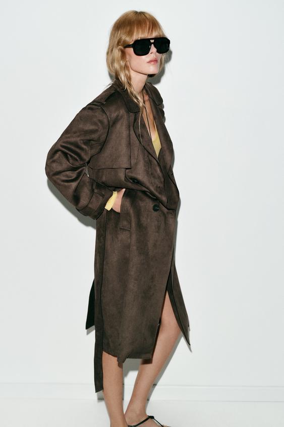Trench long effet suédine avec ceinture
