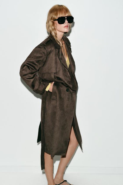 Trench long effet suédine avec ceinture
