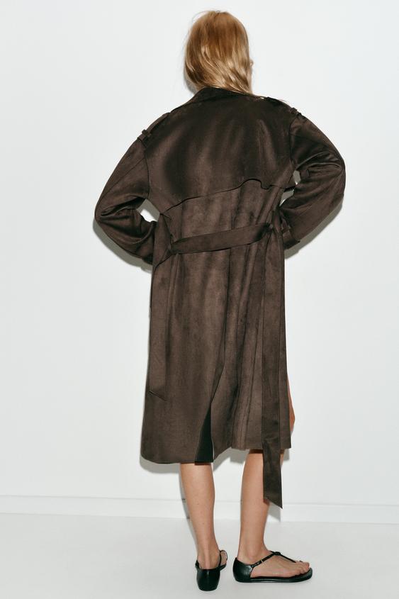 Trench long effet suédine avec ceinture