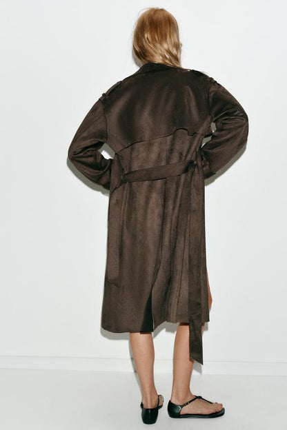 Trench long effet suédine avec ceinture