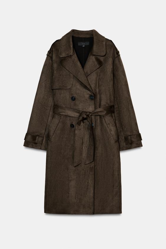 Trench long effet suédine avec ceinture