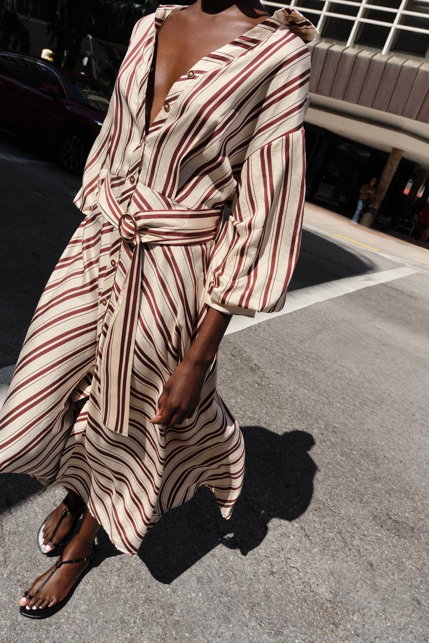 Robe midi à rayures avec ceinture