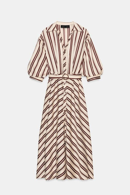 Robe midi à rayures avec ceinture