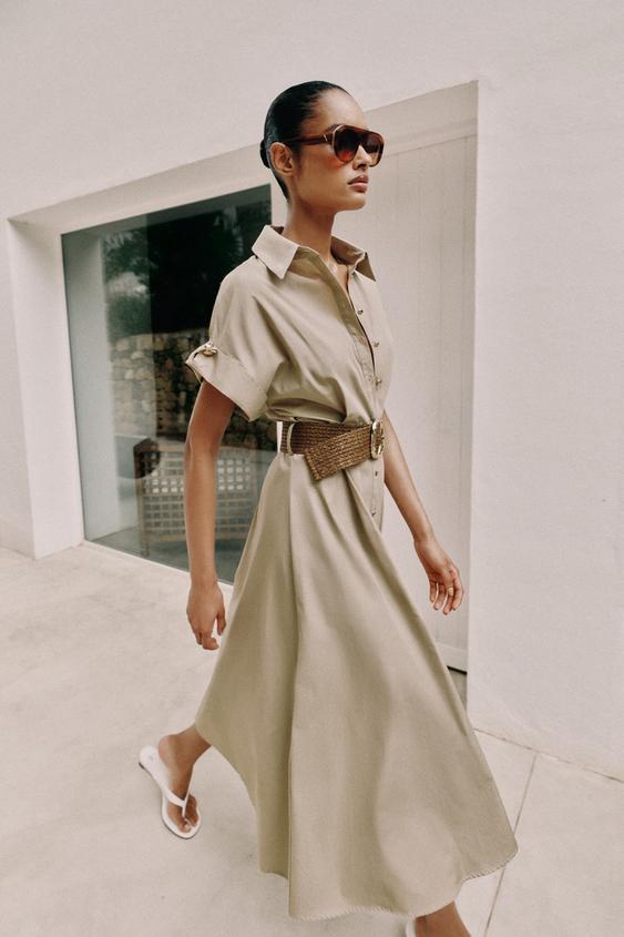 Robe midi en popeline avec ceinture