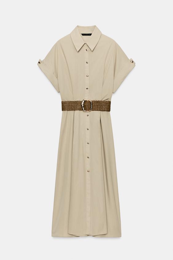 Robe midi en popeline avec ceinture