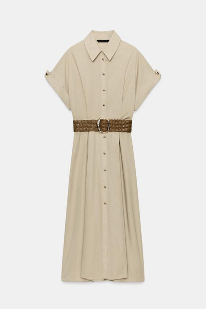 Robe midi en popeline avec ceinture