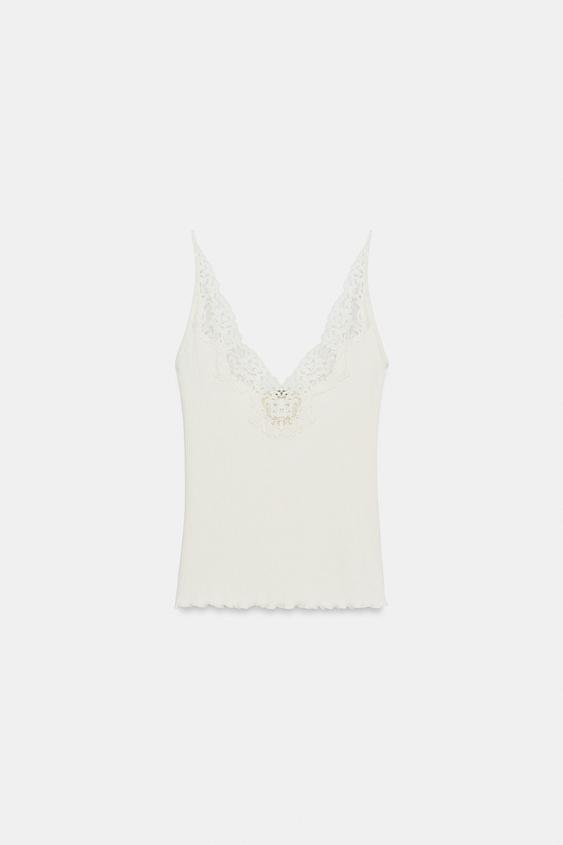 Top côtelé en dentelle