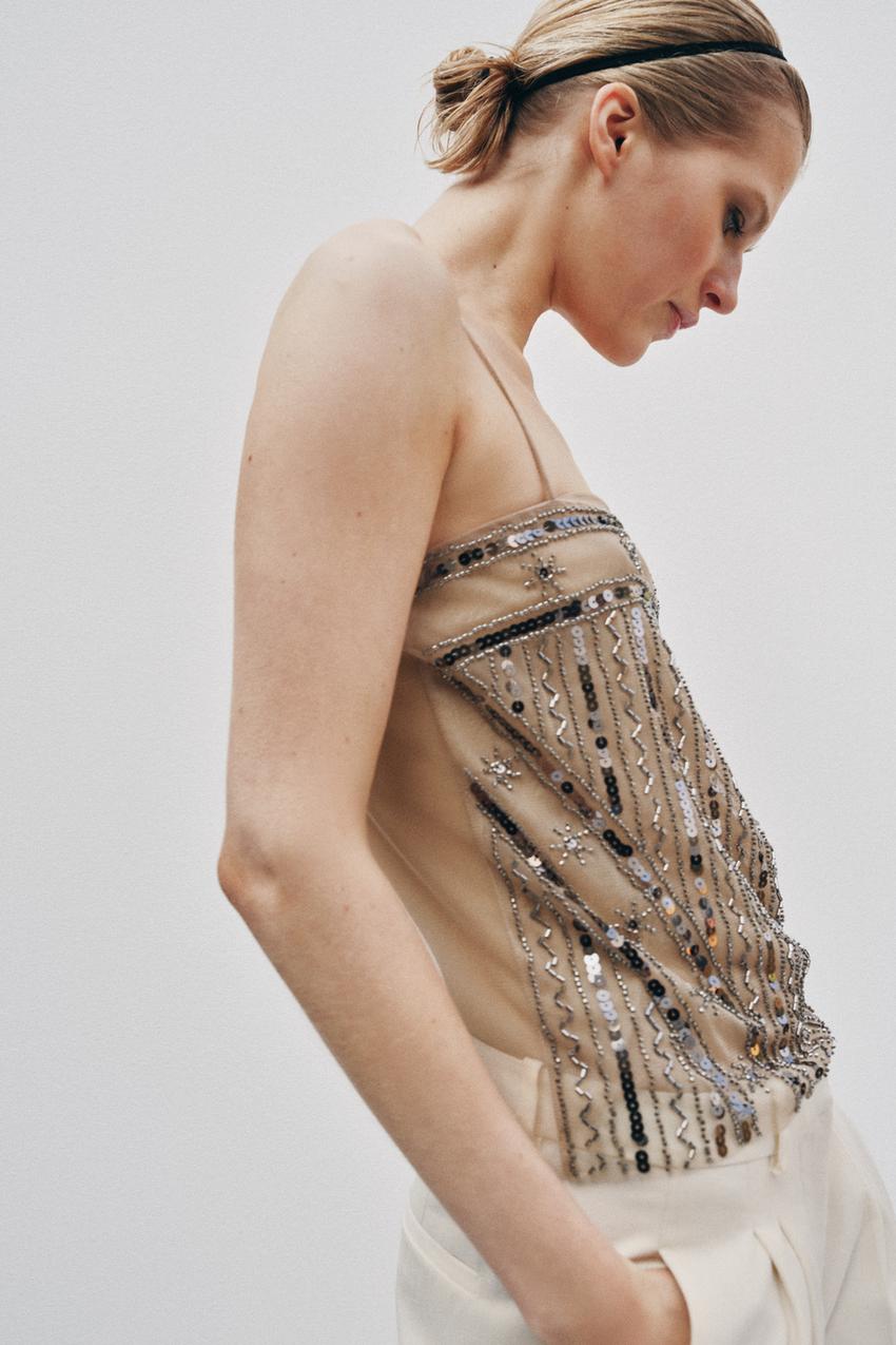 Top en tulle à perles à sequins