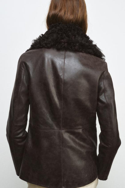 Veste en cuir à col en fourrure ZW Collection Édition limitée