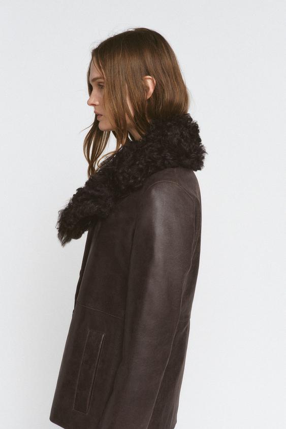 Veste en cuir à col en fourrure ZW Collection Édition limitée