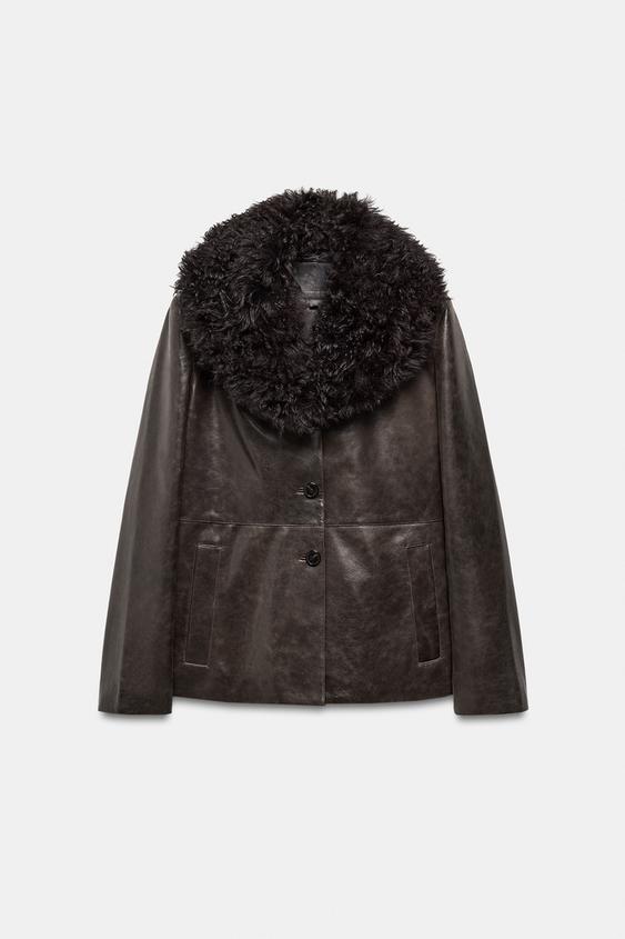Veste en cuir à col en fourrure ZW Collection Édition limitée
