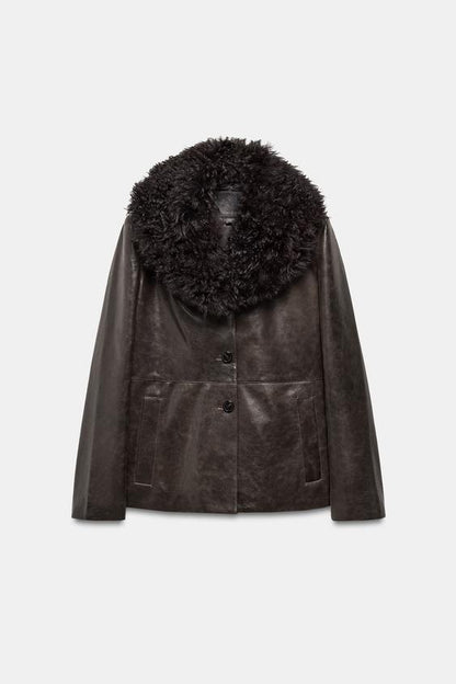 Veste en cuir à col en fourrure ZW Collection Édition limitée