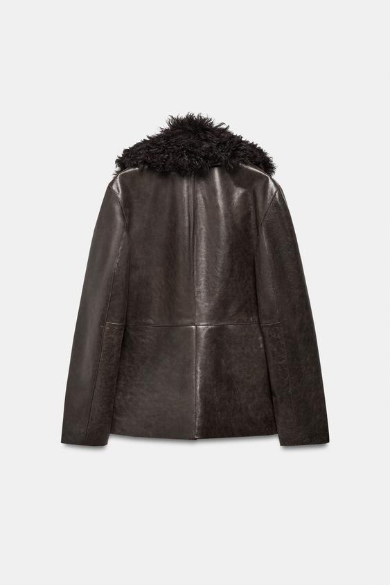 Veste en cuir à col en fourrure ZW Collection Édition limitée