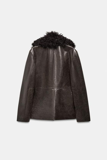 Veste en cuir à col en fourrure ZW Collection Édition limitée
