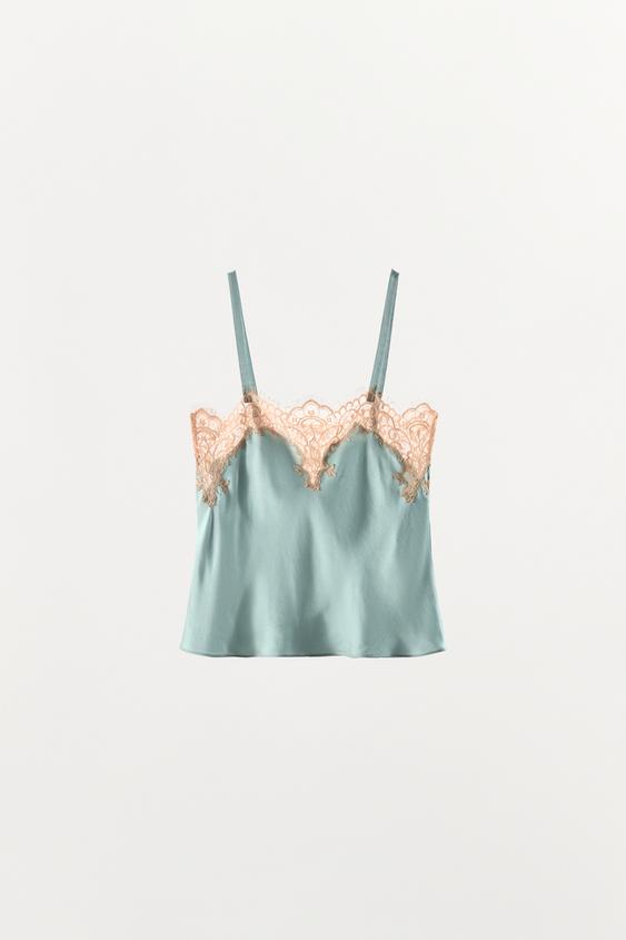 Top lingerie satiné à détails en dentelle