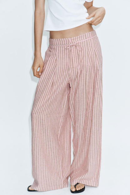 Pantalon en lin à rayures et cordon