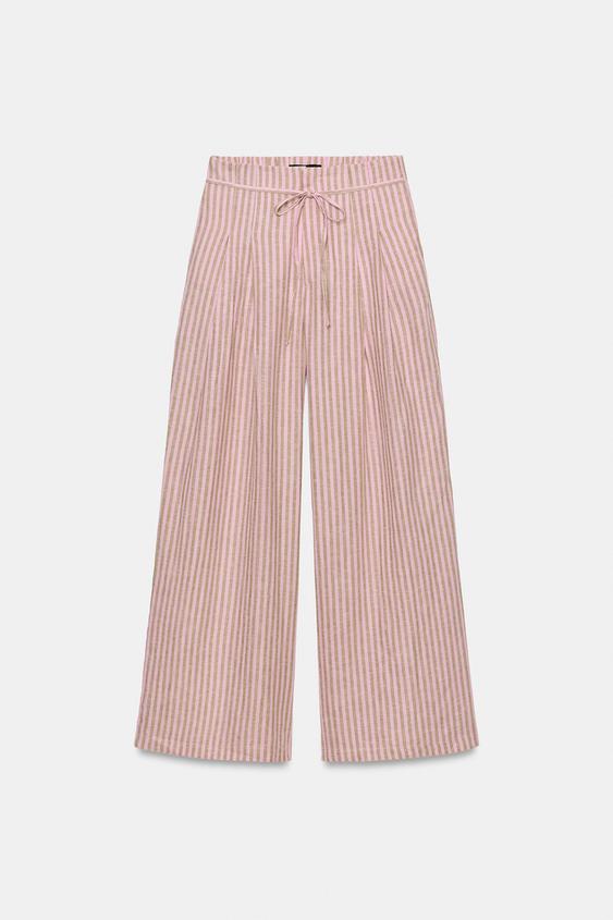 Pantalon en lin à rayures et cordon