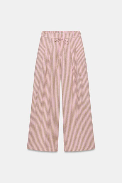 Pantalon en lin à rayures et cordon