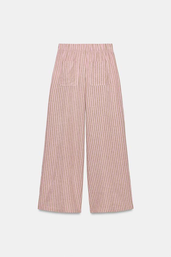 Pantalon en lin à rayures et cordon