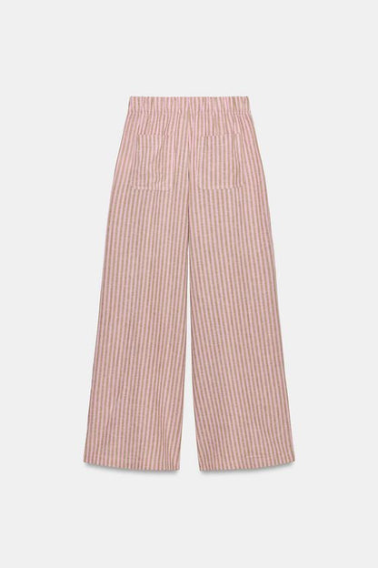 Pantalon en lin à rayures et cordon