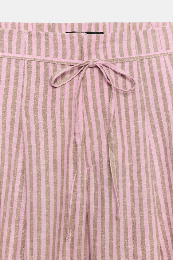 Pantalon en lin à rayures et cordon