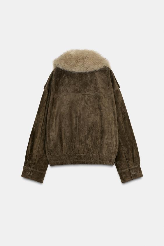 Blouson 100 % cuir suédé avec fourrure