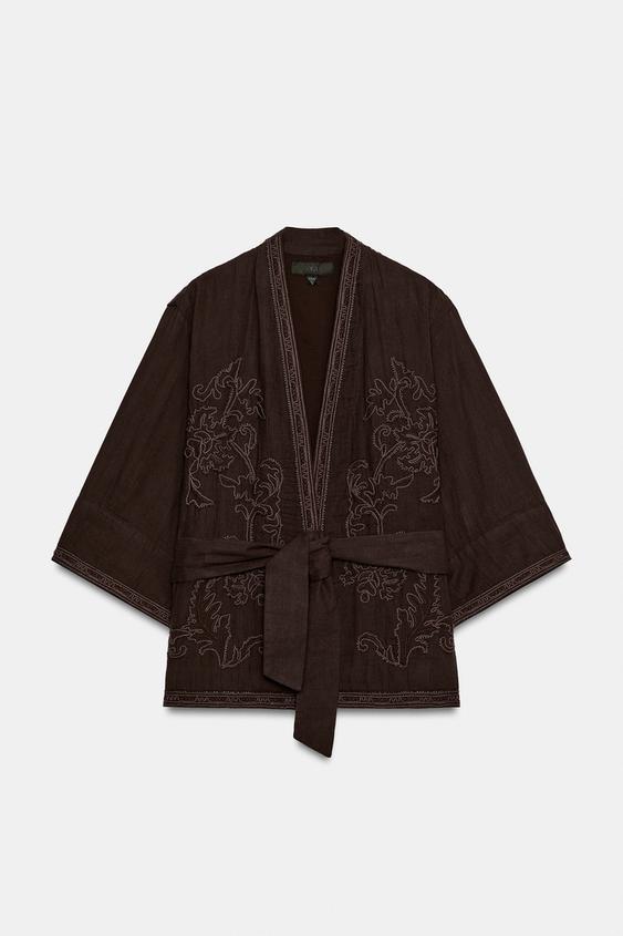 Veste kimono brodée avec ceinture
