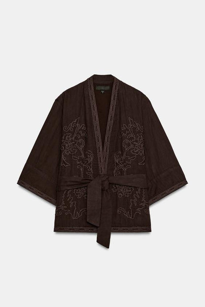 Veste kimono brodée avec ceinture